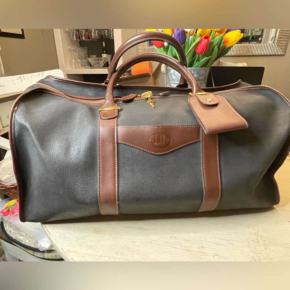 *EUC* Dunhill Black and Brown Leather Duffel Bag with Luggage Tag and Lock & Key